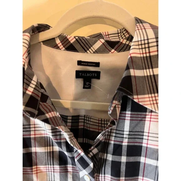 Talbots Womens White Black Red Plaid Tunic Shirt Wrinkle Resistant Size 12 - Picture 4 of 6
